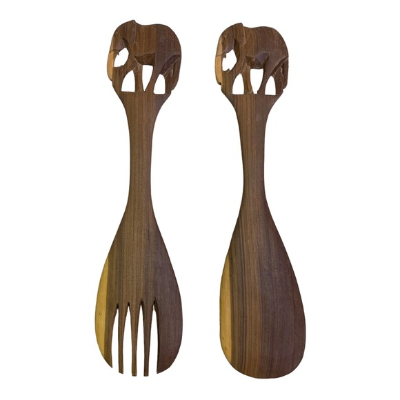 NEW Artisan African Elephant Wood Hand Carved Salad Serving Utensils Fork Spoon - Picture 2 of 5